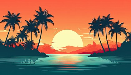Obraz na płótnie Canvas tropical beautiful beach illustration cartoon flat style simple digital poster design, Generative AI.
