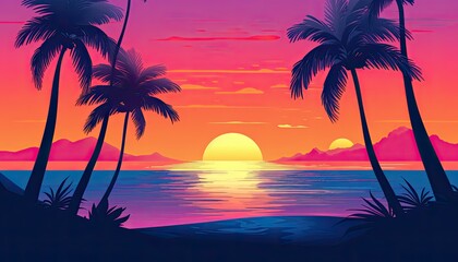 Fototapeta na wymiar tropical beautiful beach illustration cartoon flat style simple digital poster design, Generative AI.