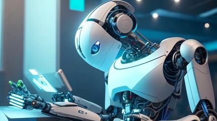 a humanoid robot engaged in advanced problem-solving tasks with futuristic gadgets. 
Generative AI