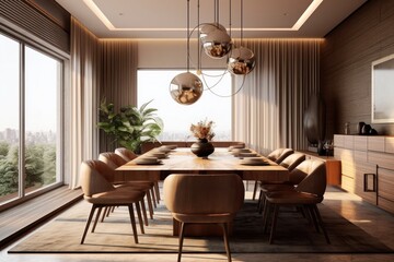 Wide View of a Luxurious Dining Room with a Long Table, Elegant Chairs, and Sophisticated Decor.