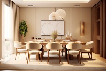 Fototapeta na wymiar State-of-the-Art Dining Room with Modern Amenities, Chic Decor, and Luxurious Finishes.