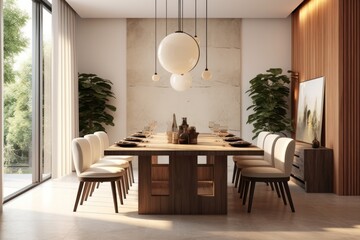 Fototapeta premium A Dining Room with Sleek Furniture, Contemporary Art, and a Chic Color Palette.
