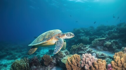 Fototapeta na wymiar a turtle swimming over a coral reef in the ocean with other fish. generative ai