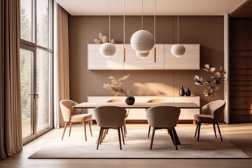 Fototapeta premium 3D Render of a Spacious, Open-Concept Dining Room with Contemporary Furniture