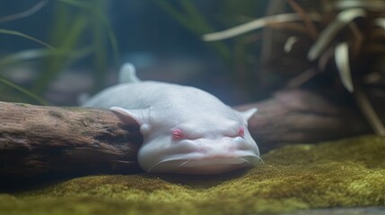  a small white animal laying on top of a moss covered ground.  generative ai