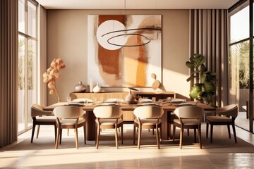 3D Render of a Spacious, Open-Concept Dining Room with Contemporary Furniture