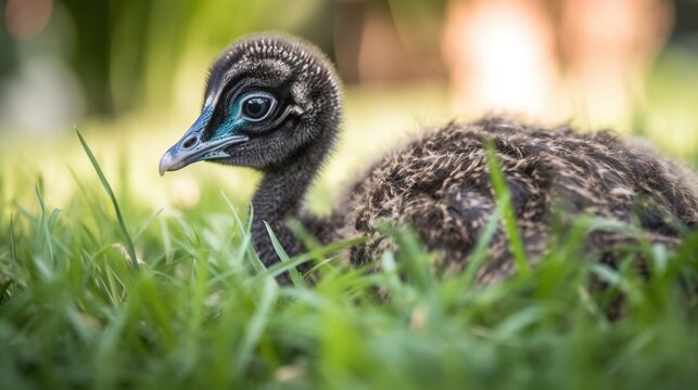  a baby bird sitting in the grass with its eyes open.  generative ai