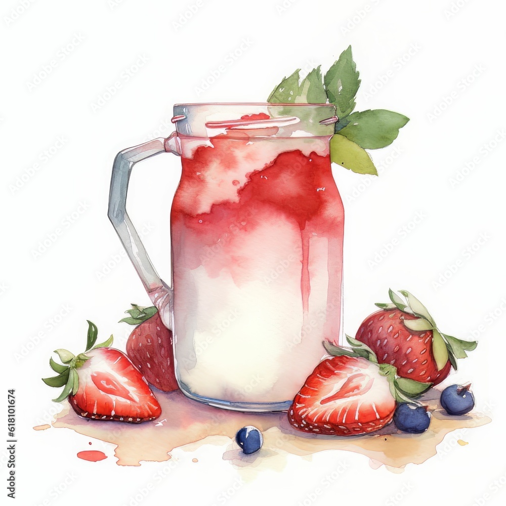 Canvas Prints AI-generated illustration of a refreshing beverage with ripe strawberries and blueberries.