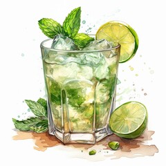 AI-generated illustration of a watercolor painting of a refreshing mojito drink.
