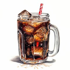 AI-generated illustration of a watercolor painting of a cola drink with ice cubes in a glass cup. - obrazy, fototapety, plakaty