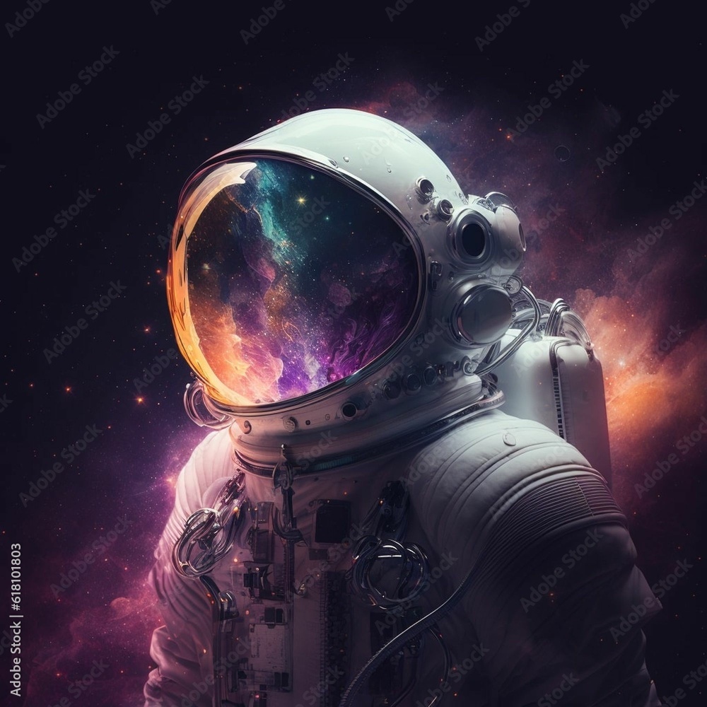 Poster astronaut with stars in the background and a space helmet on