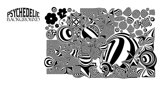 Vector groovy psychedelic horizontal background. Trippy rave cosmos graphic design. Psy trance poster backdrop. Cool fun positive vibes summer party funky geometric hippie psychedelia background