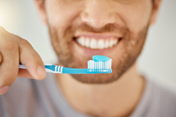 Brushing teeth, toothbrush and closeup with man in bathroom for self care, oral hygiene and dental....