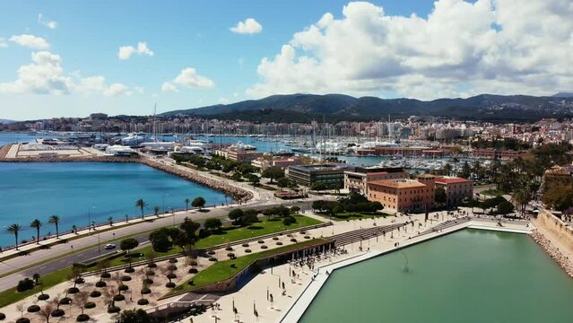 Landscape aerial view of Palma with many yachts and ships in city port marina in Mallorca