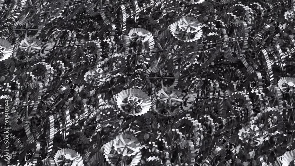 Poster cogs and gears flyover, silver. fly over a pattern of technical silver cogs, gears and wheels