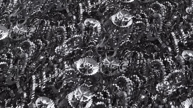 COGS and GEARS Flyover, SILVER. Fly over a pattern of technical silver cogs, gears and wheels