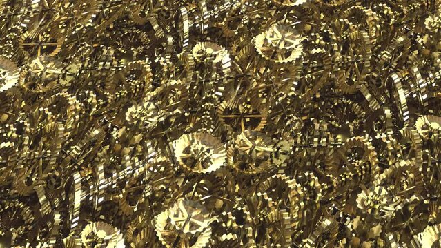 COGS and GEARS Flyover, GOLD. Fly over a pattern of technical gold cogs, gears and wheels
