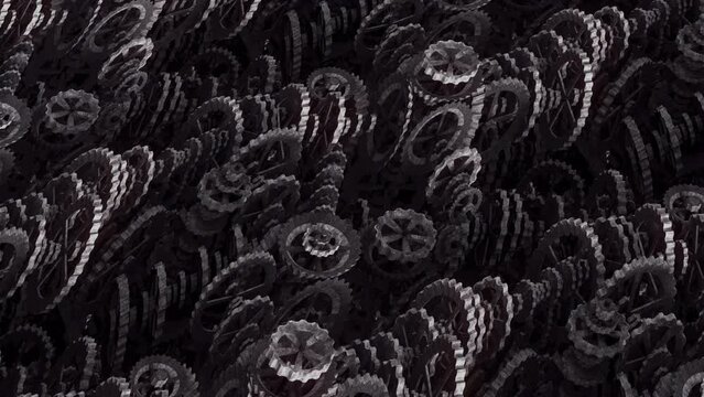 COGS and GEARS Flyover, IRON. Fly over a pattern of technical iron cogs, gears and wheels