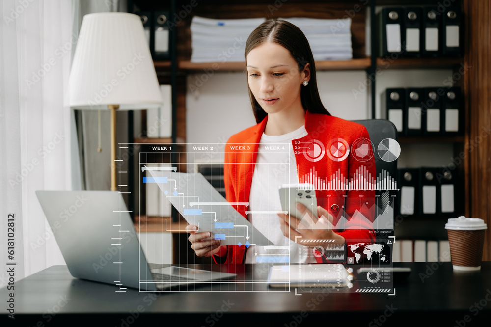 Poster businesswoman hand project manager working and update tasks and gantt chart scheduling virtual diagr