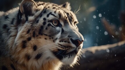 Fototapeta na wymiar a close up of a snow leopard with a blurry background. generative ai