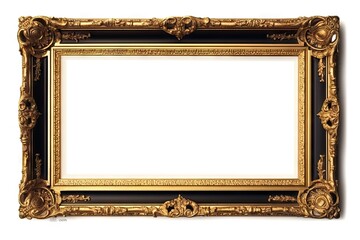 Luxurious vintage. Retro decor. Empty wooden black and gold frame isolated on white background