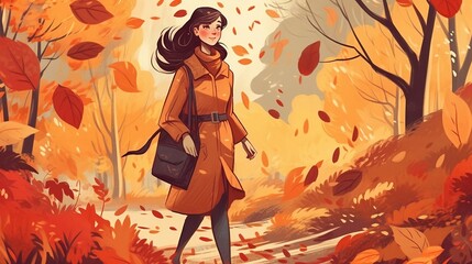 Obraz na płótnie Canvas Illustration of a girl in an autumn windy park. Generative AI