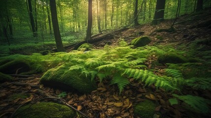  a lush green forest filled with lots of trees and leaves.  generative ai