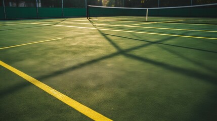  a tennis court with yellow lines and a person playing tennis.  generative ai
