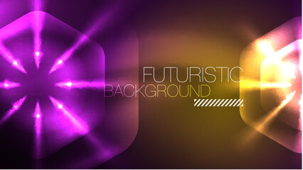 Glowing neon hexagons in dark space. Digital technology cyberspace hi-tech techno abstract background template