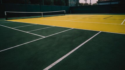  a tennis court with a yellow and green court and a white net.  generative ai