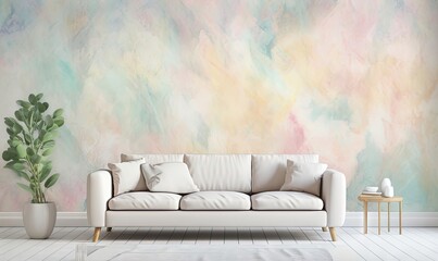  a living room with a couch and a plant in front of a wall with a colorful painting on it's wallpaper and a table with a vase on it.  generative ai