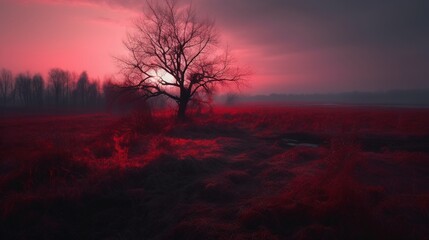 Fototapeta na wymiar a lone tree in a field with the sun setting in the background. generative ai