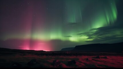  a green and pink aurora bore is in the sky above a field.  generative ai