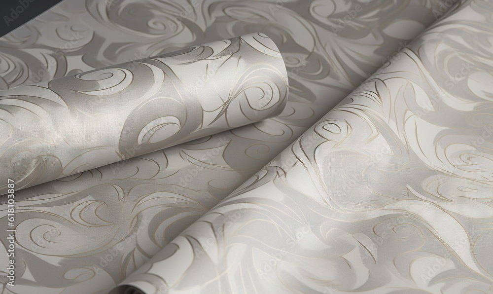 Poster a close up of a wall paper with a design on the back of the wall paper and a roll of tape on the sid