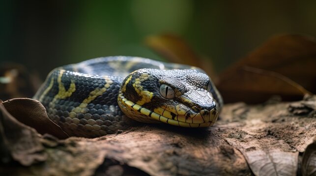  a yellow and black snake laying on top of a leaf covered ground.  generative ai