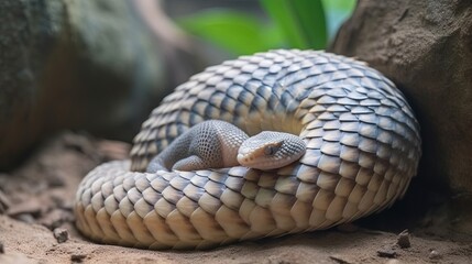  a close up of a snake curled up on a rock.  generative ai