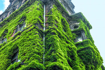 Creeper plants covering abandoned building in summer town