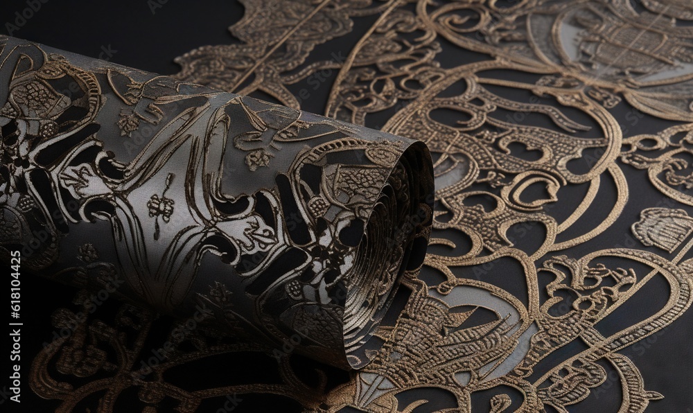 Poster a close up of a black and gold paper with intricate designs on it and a black background with gold f