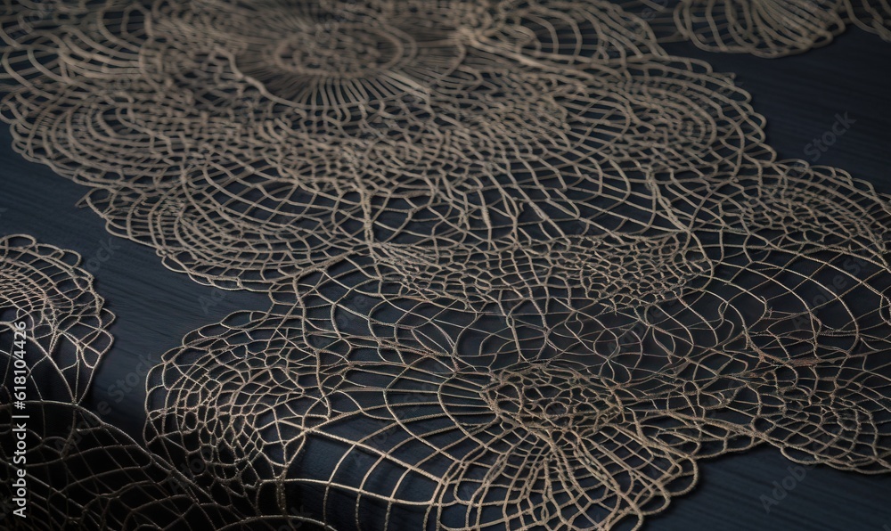 Poster a close up of a table cloth with a design on it and a black table cloth with a pattern of circles an