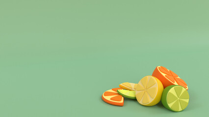 Orange, lemon and green lime on green background with shadow. Background. For text. 3D rendering