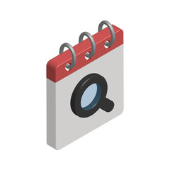 Isometric icon of calendar with magnifier
