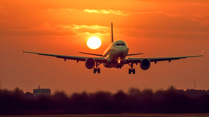 Fototapeta premium Commercial passenger plane landing in a sunset .Generative AI