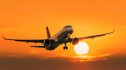 Fototapeta na wymiar Airplane at sunset. Generative AI