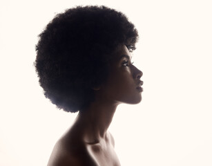 Hair care, silhouette and profile of black woman with afro hairstyle, beauty and skincare on grey...