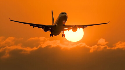 Commercial passenger plane taking off in a sunset .Generative AI