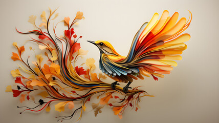 Illustration of a bird, bird made of paper, painting, watercolor, origami, japanese style, bird flying, paper,  bird on a branch, made with generative AI