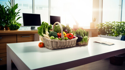 Basket of fruit, in office, at work, fresh fruit and veggies, woven basket of fruits and vegetables, organic harvest, computers, healthy food, tomatoes, greens, grapes, made with geenrative AI - obrazy, fototapety, plakaty