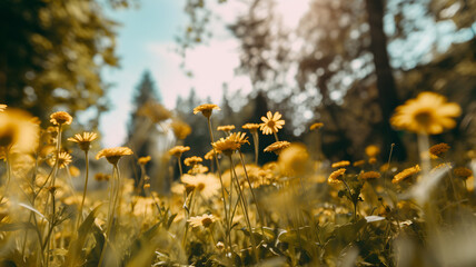 Obraz premium field of yellow flowers, daisies, meadow, sunny summer day with flowers and nature, blue sky