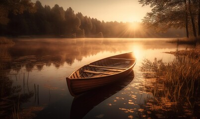  a boat is sitting on the water in the foggy morning sunlit lake with reeds and trees in the foreground and a foggy morning sky.  generative ai