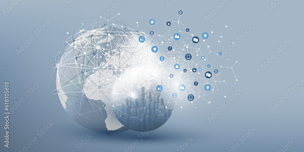 Poster futuristic smart city, iot and cloud computing design concept with polygonal mesh, cluster and nodes